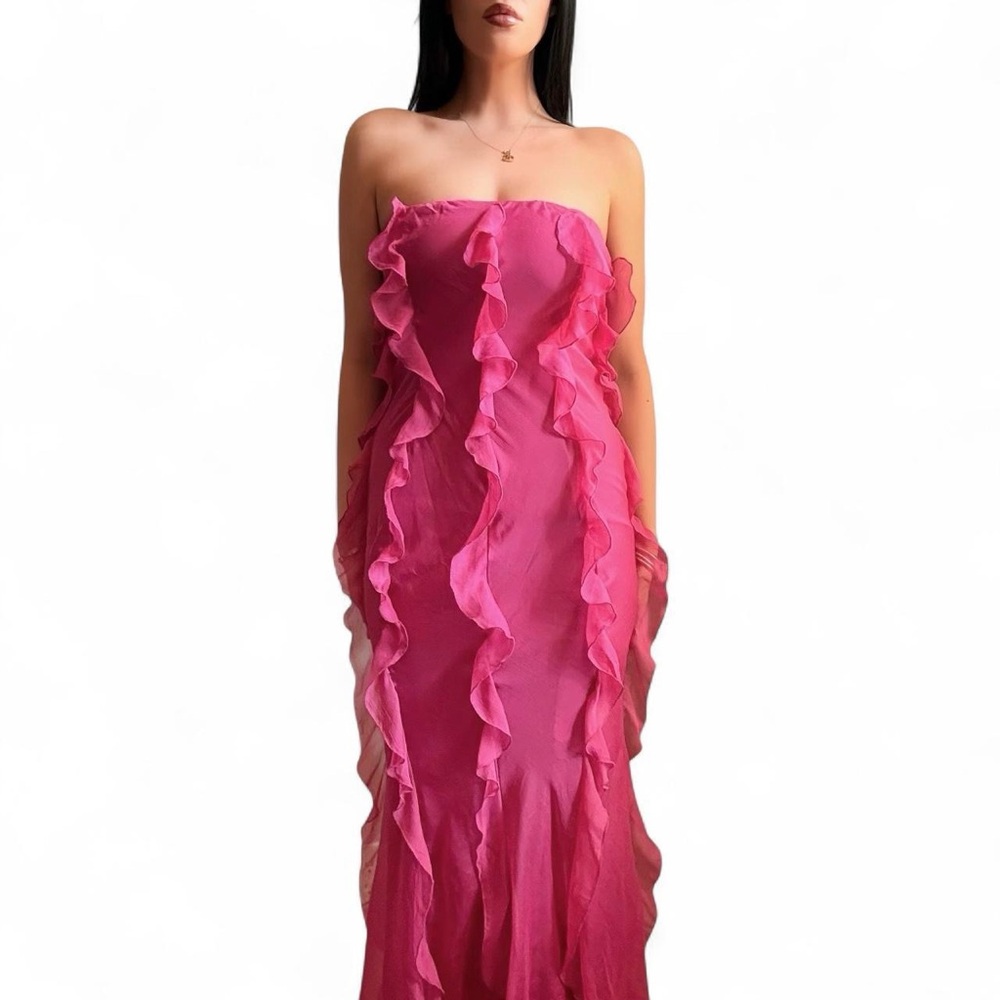 MABLE Magenta Pink Strapless Ruffle Chiffon Maxi Formal Prom Easter Dress M